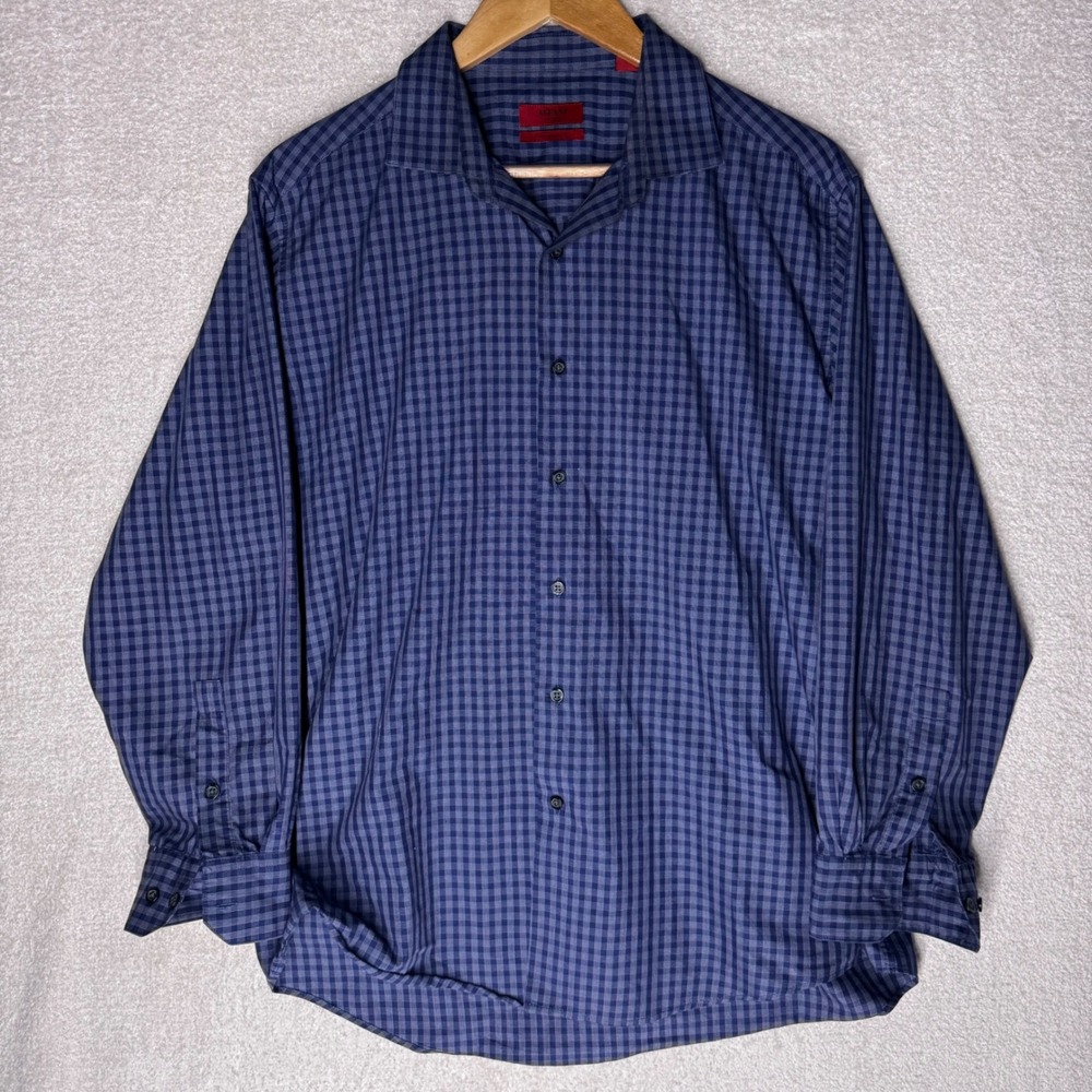 Alfani Men's L 16.5 32-33 Fitted Performance Blue Plaid Dress Shirt